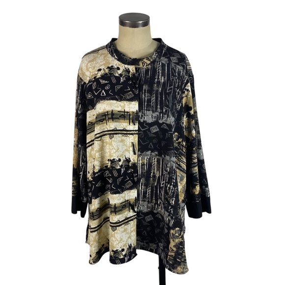 Ali Miles 3/4 Sleeve Button Front Swing Tunic Top 2X Black Beige Mixed Print - Picture 8 of 8
